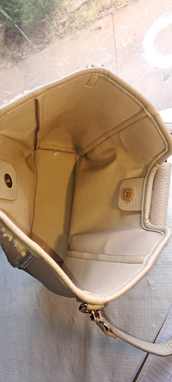Cream Sherpa Faux Leather Crossbody Bag with Tortoise Handles Adjustable Strap - Picture 4 of 7